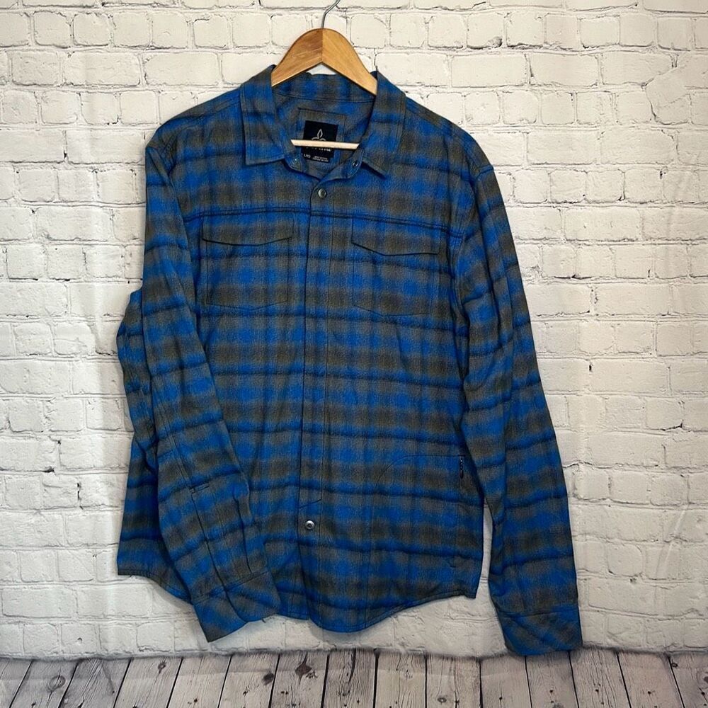 prAna Men's Miki Lightweight Stretch Snap Button Blue Flannel Shirt Size L Large
